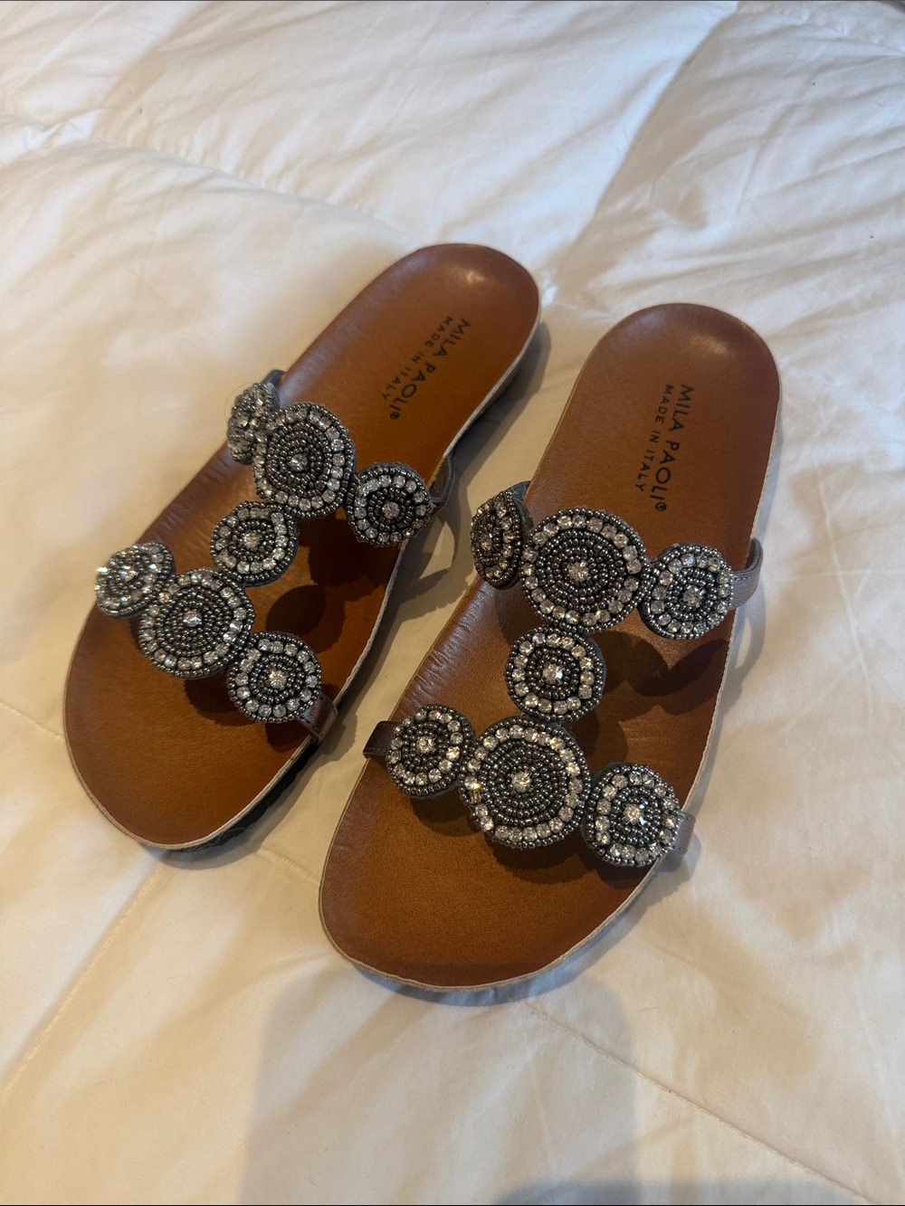 Mila Paoli Brown Leather Slide Sandals with Silver Beaded Medallions NWOT